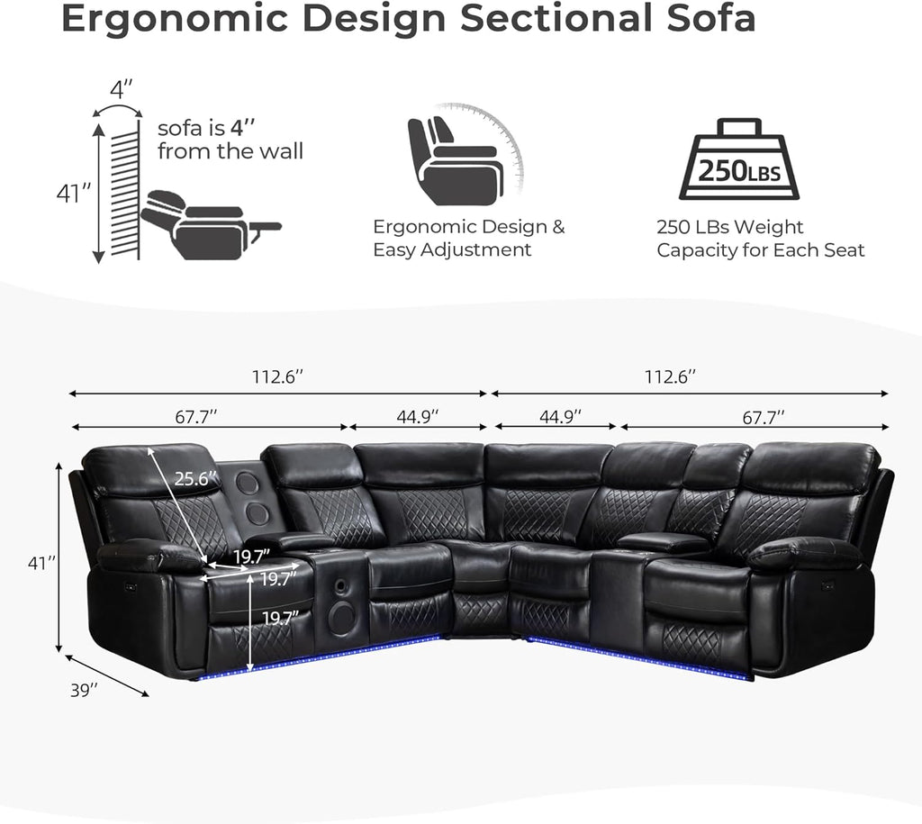 Black Faux Leather Power Reclining L-Shape Sectional Sofa O1100