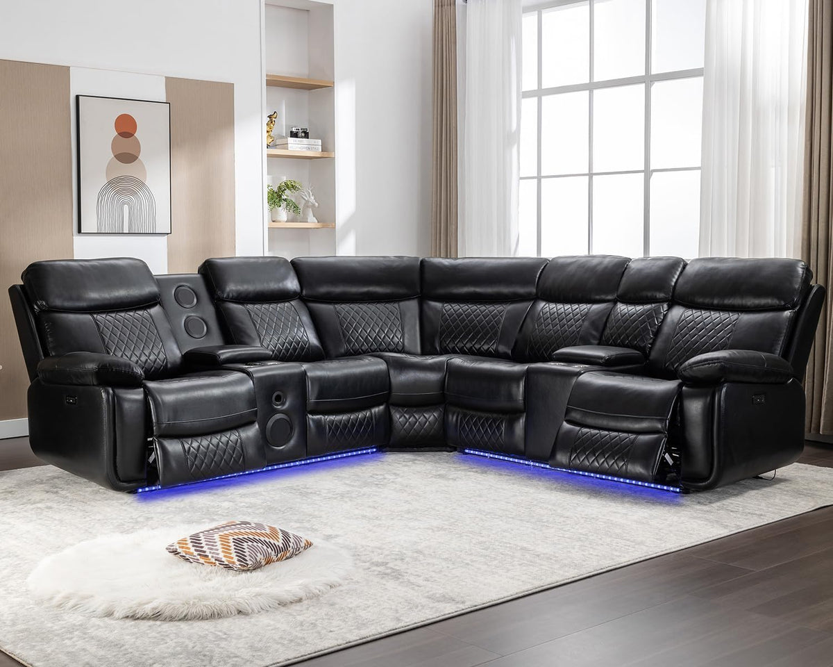 Black Faux Leather Power Reclining L-Shape Sectional Sofa O1100