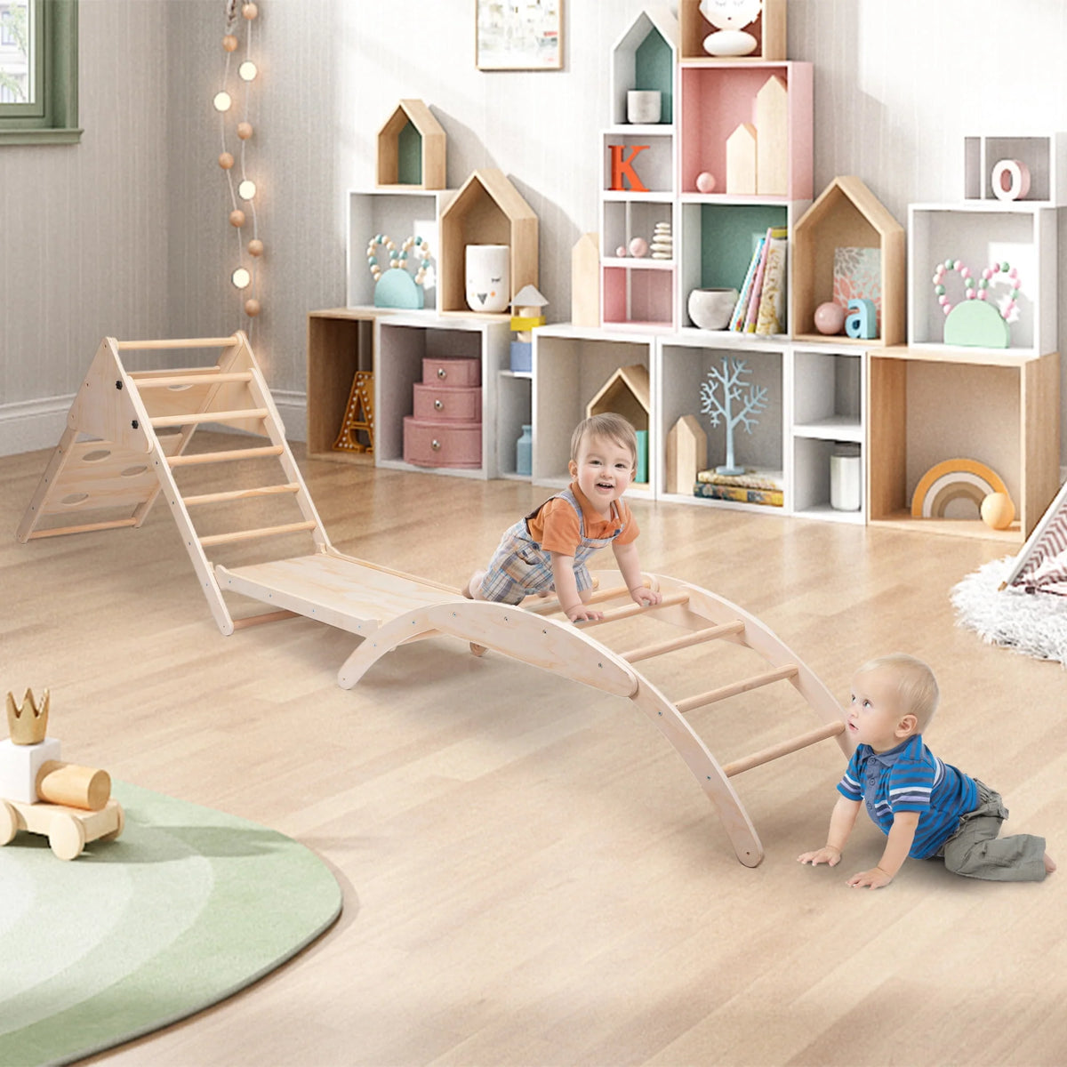Foldable Wooden Climbing Triangle Ladder with Ramp U4926