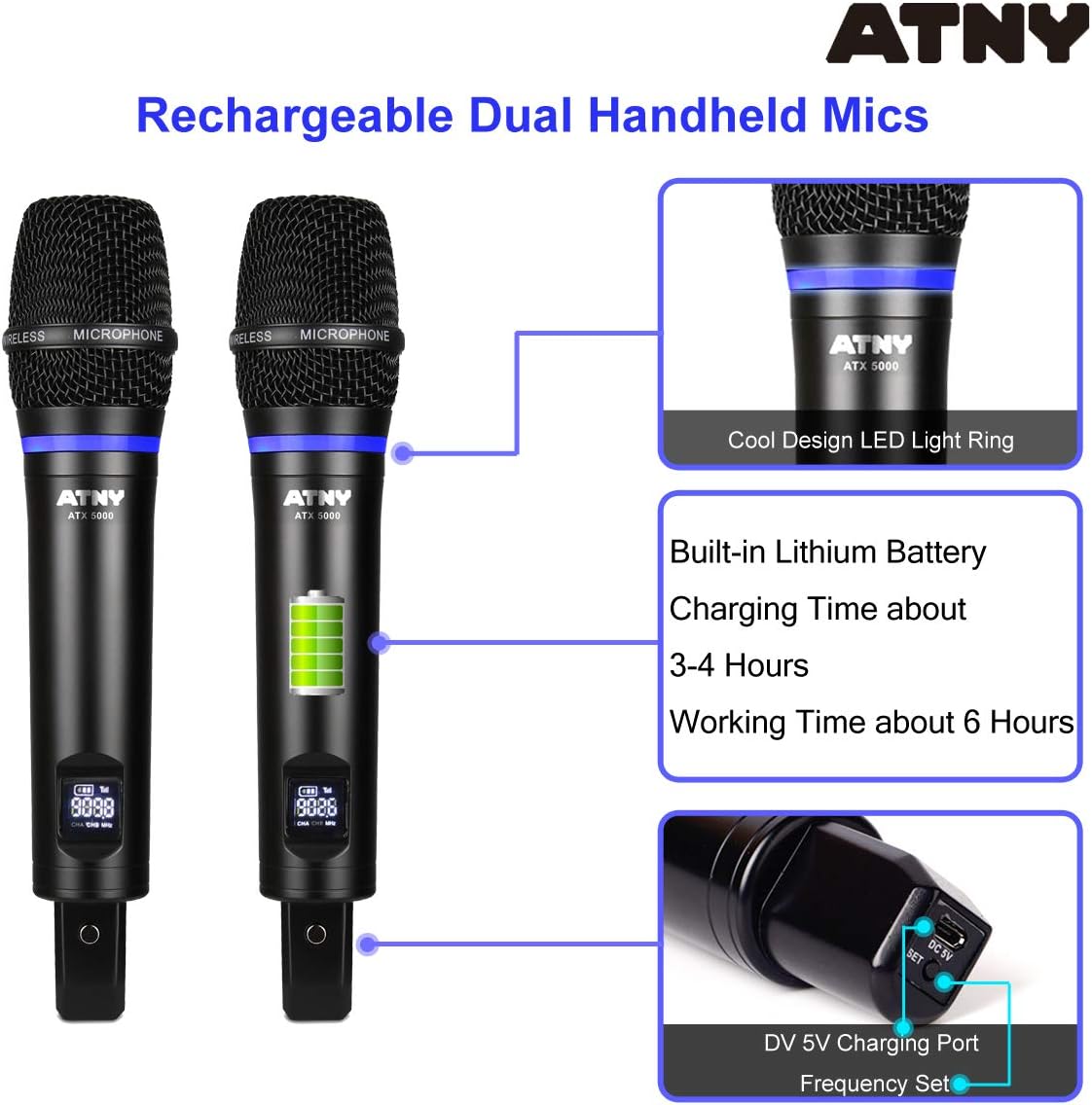 UHF Dual Channel Handheld Wireless Microphone System with 2 Rechargeable Metal Mics and LED Display E1437