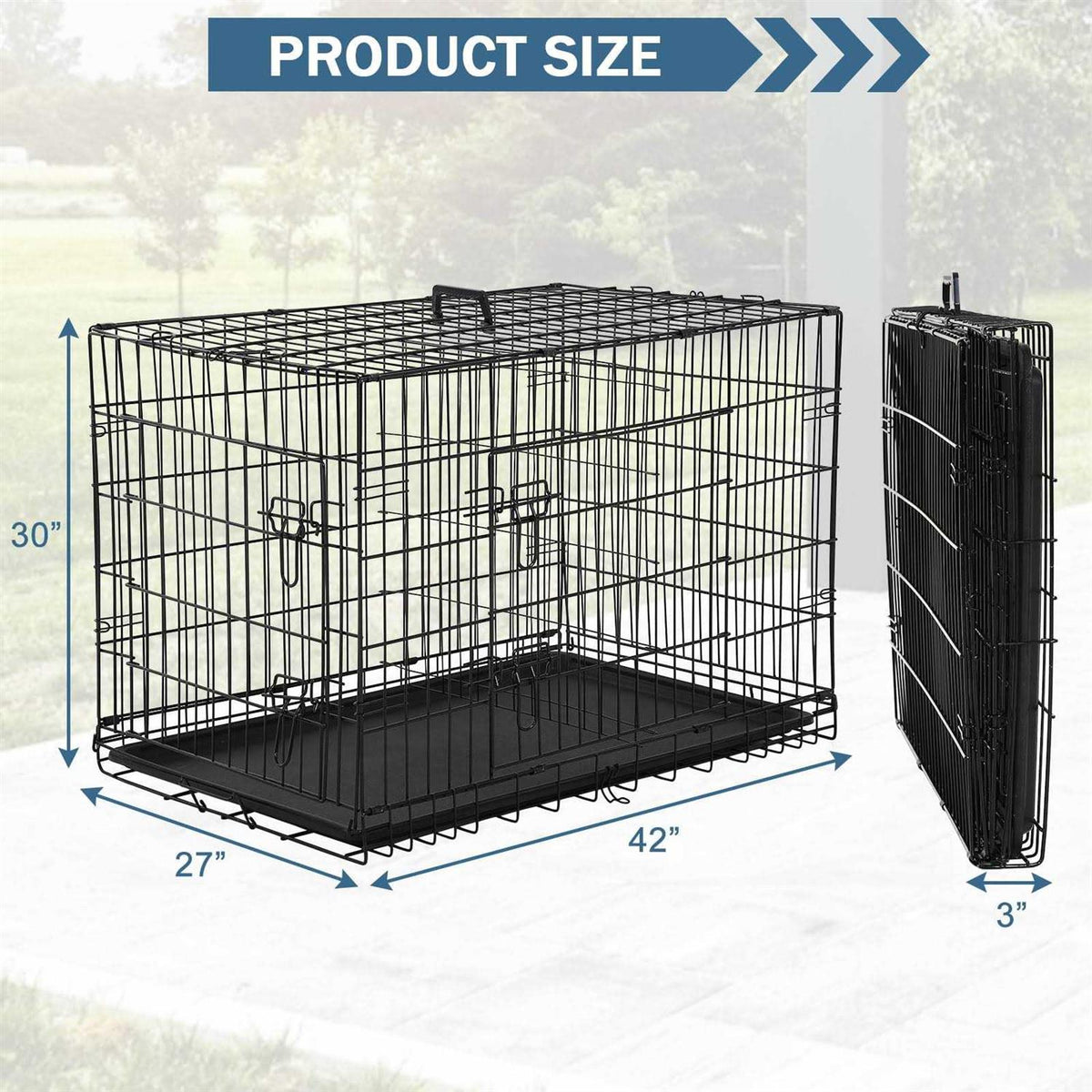 Foldable Large Metal Wire Dog Crate with Plastic Tray I67674