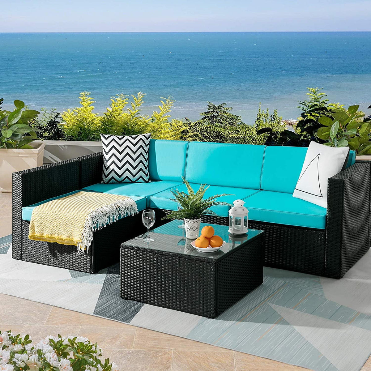 5 Pieces Rattan Wicker Sectional Sofa Set with Table U21466
