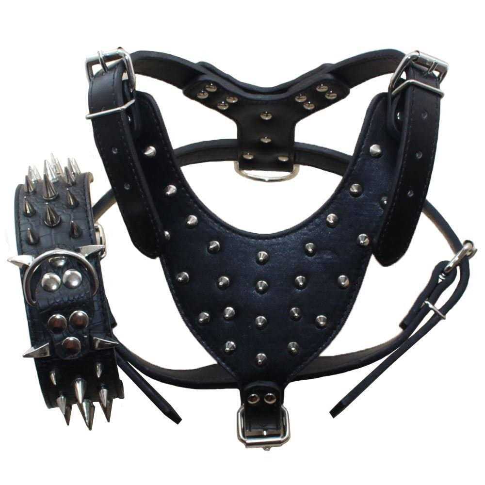 Leather Spiked Studded Dog Collars Harnesses Matching Set M890560