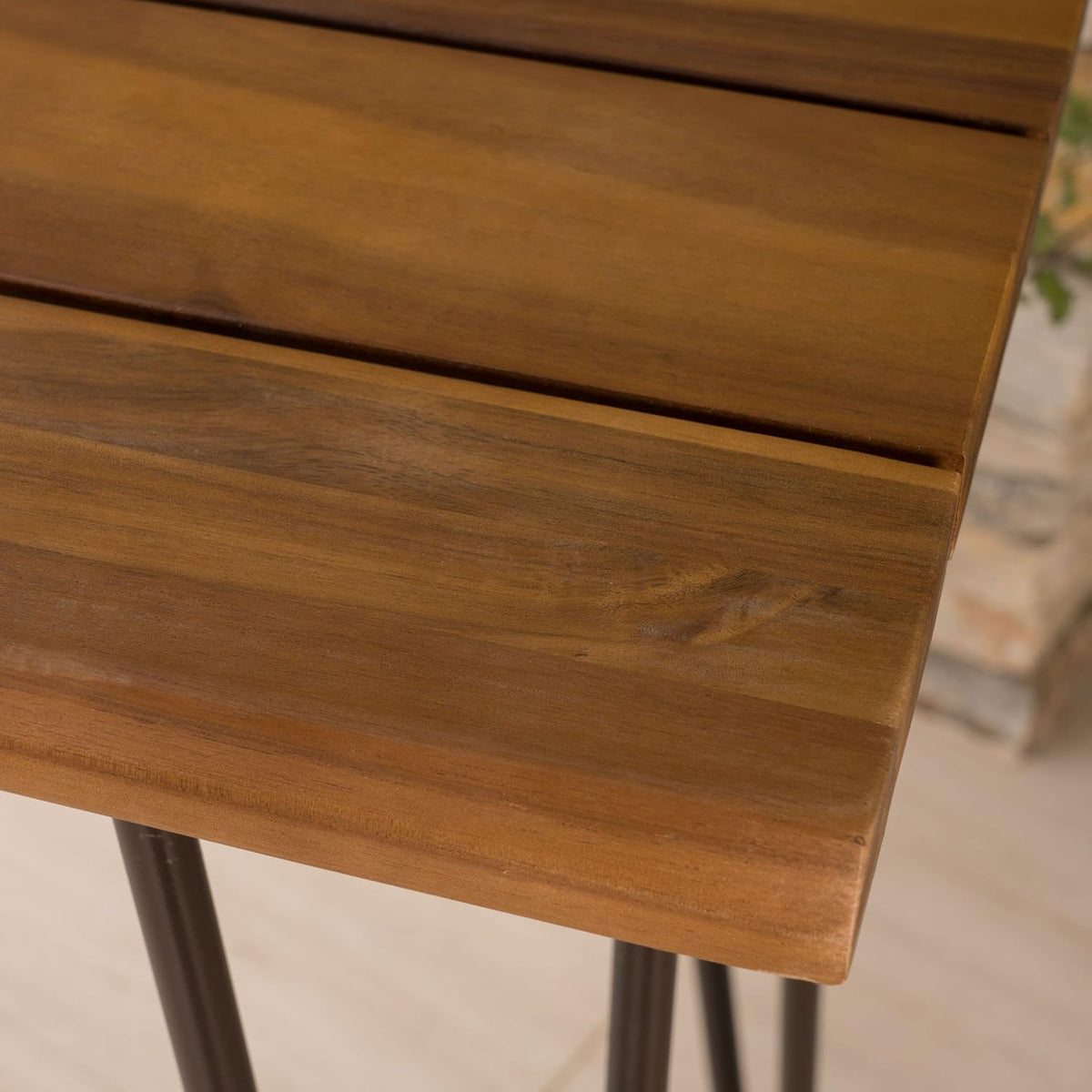 Teak Finish Acacia Wood Bar Table with Iron Frame F32824