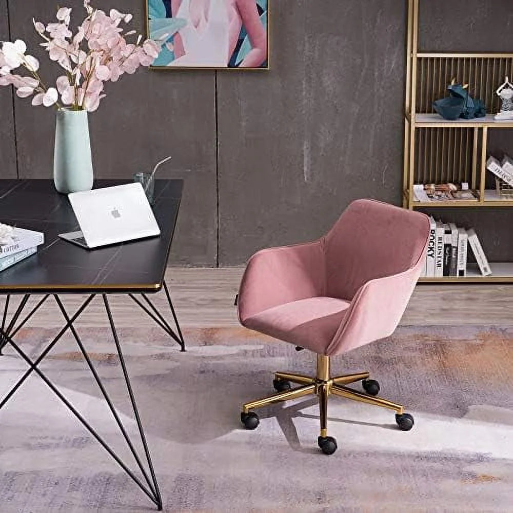 Velvet Yellow Adjustable Height Revolving Office Chair with Gold Metal Legs H916
