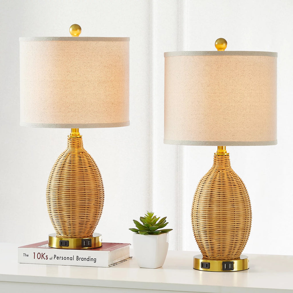 Brown Rattan Table Lamps Set of 2 with USB Port E137