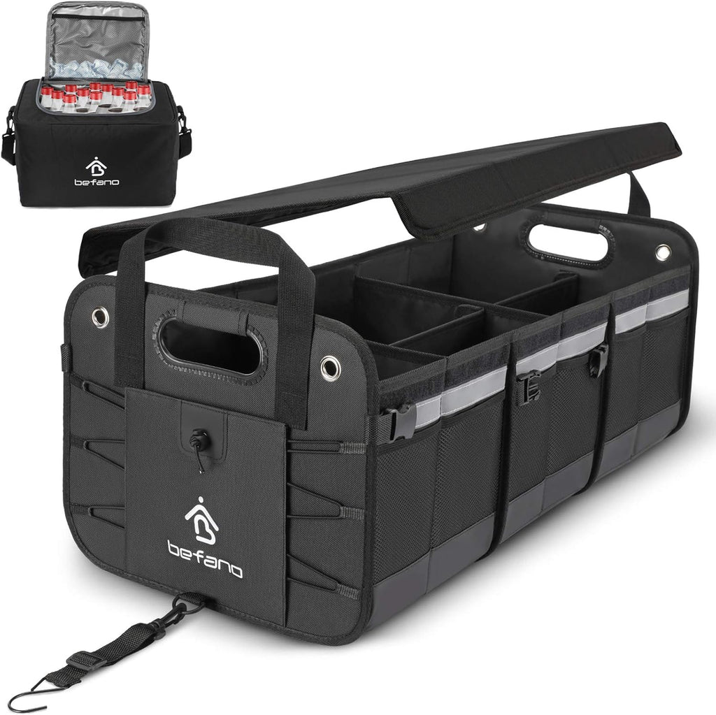 Black Foldable Car Trunk Organizer with Non-Slip Waterproof Bottom, 3 Compartments, Pack of 2 R442501