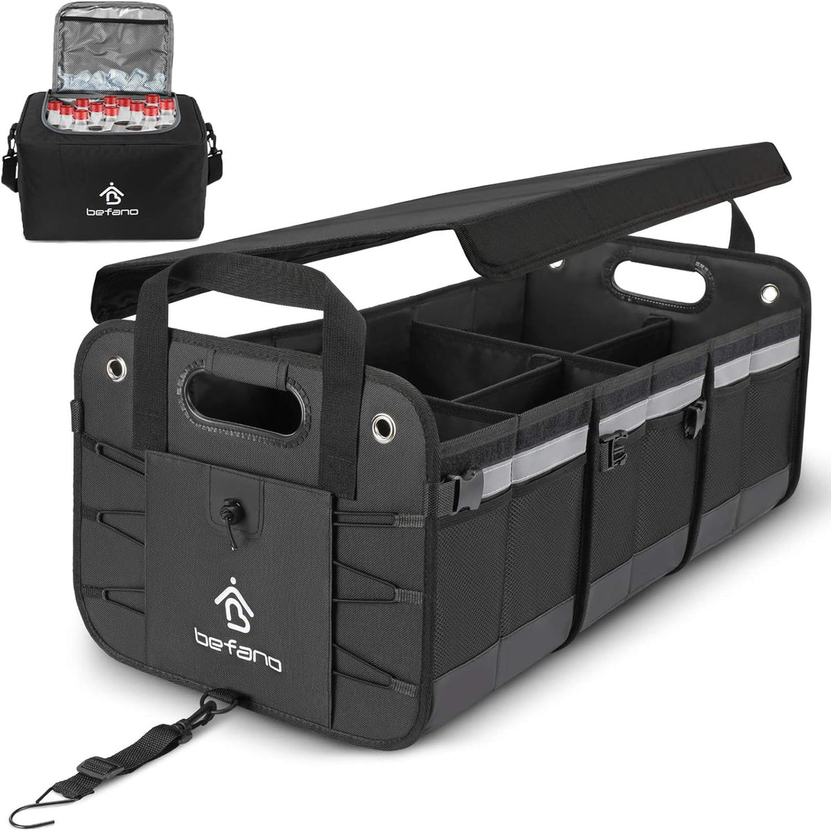 Black Foldable Car Trunk Organizer with Non-Slip Waterproof Bottom, 3 Compartments, Pack of 2 R442501