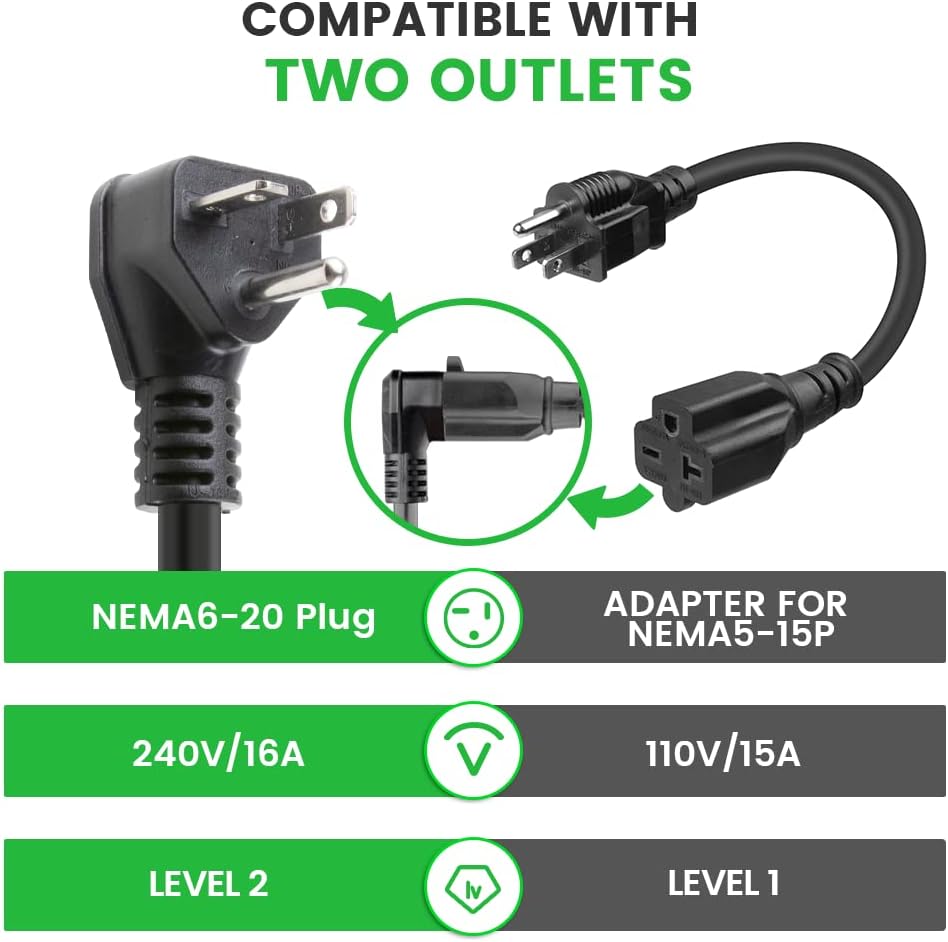 Portable EV Charger with NEMA 6-20 Plug and NEMA 5-15 Adapter, 25ft, IP65 H56838
