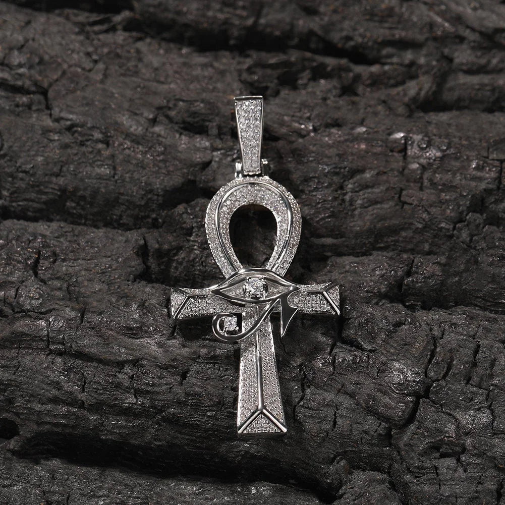 14K Gold Over Finish Simulated Diamond Eye Of Horus Ankh Cross Charm Pendant Necklace G334987