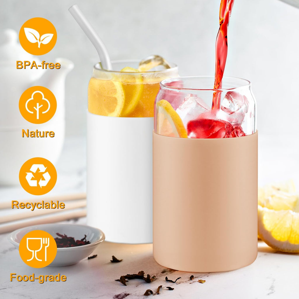 16OZ Glass Cups with Bamboo Lids and Straws 2 Pack C3709