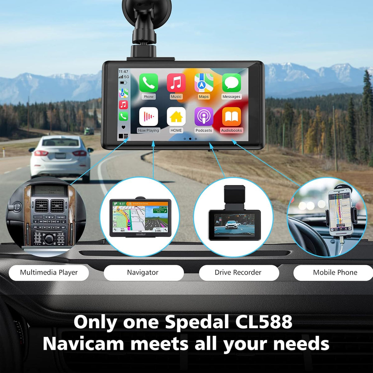 Dash Cam with Navigation, 1080P Front and Rear Cameras, 5 Touchscreen P614626