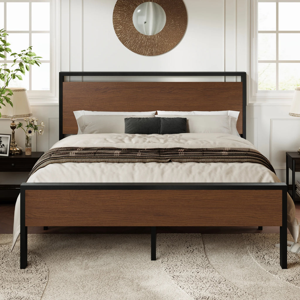 Queen Size Metal Platform Bed Frame with Wood Headboard N991367
