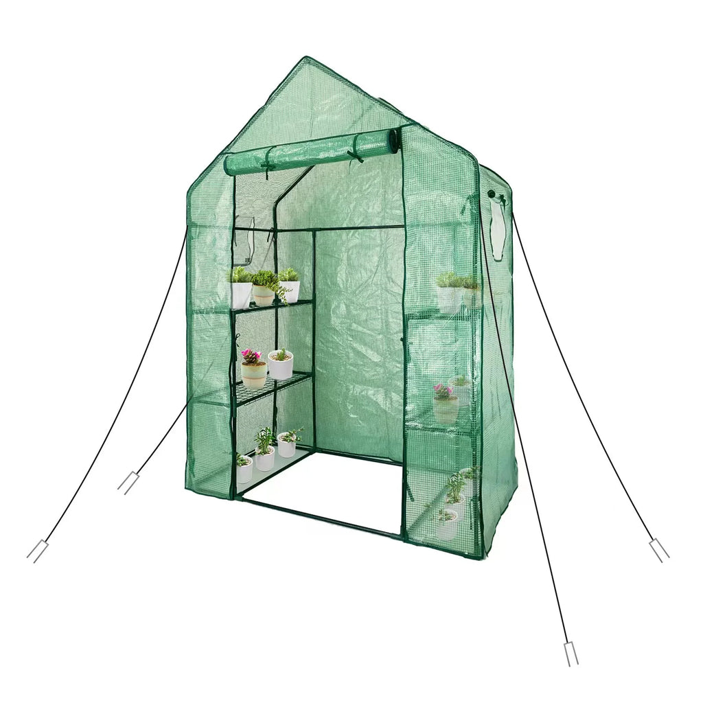 Walk-In Greenhouse Kit with Cover, 3 Tiers 6 Shelves, Portable Greenhouse with Observation Windows, PE Door, Ground Pegs & Ropes W9538