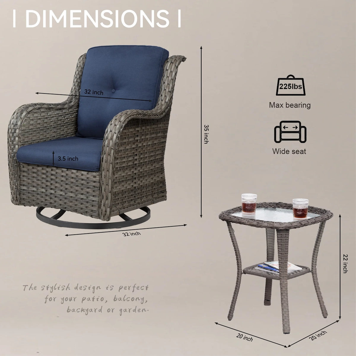 Blue Wicker Patio Swivel Rocker Chairs Set of 2 with Table E229776