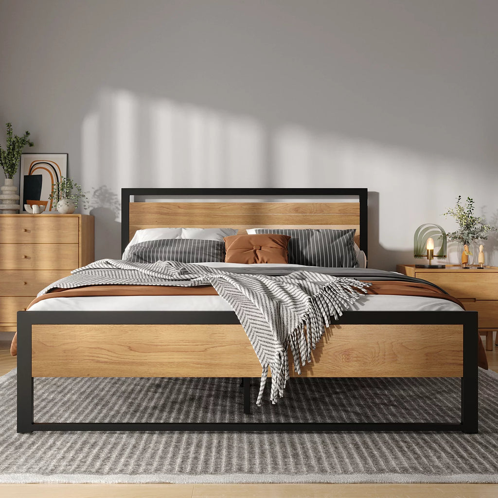 Queen Size Steel Platform Bed Frame with Wood Headboard O579