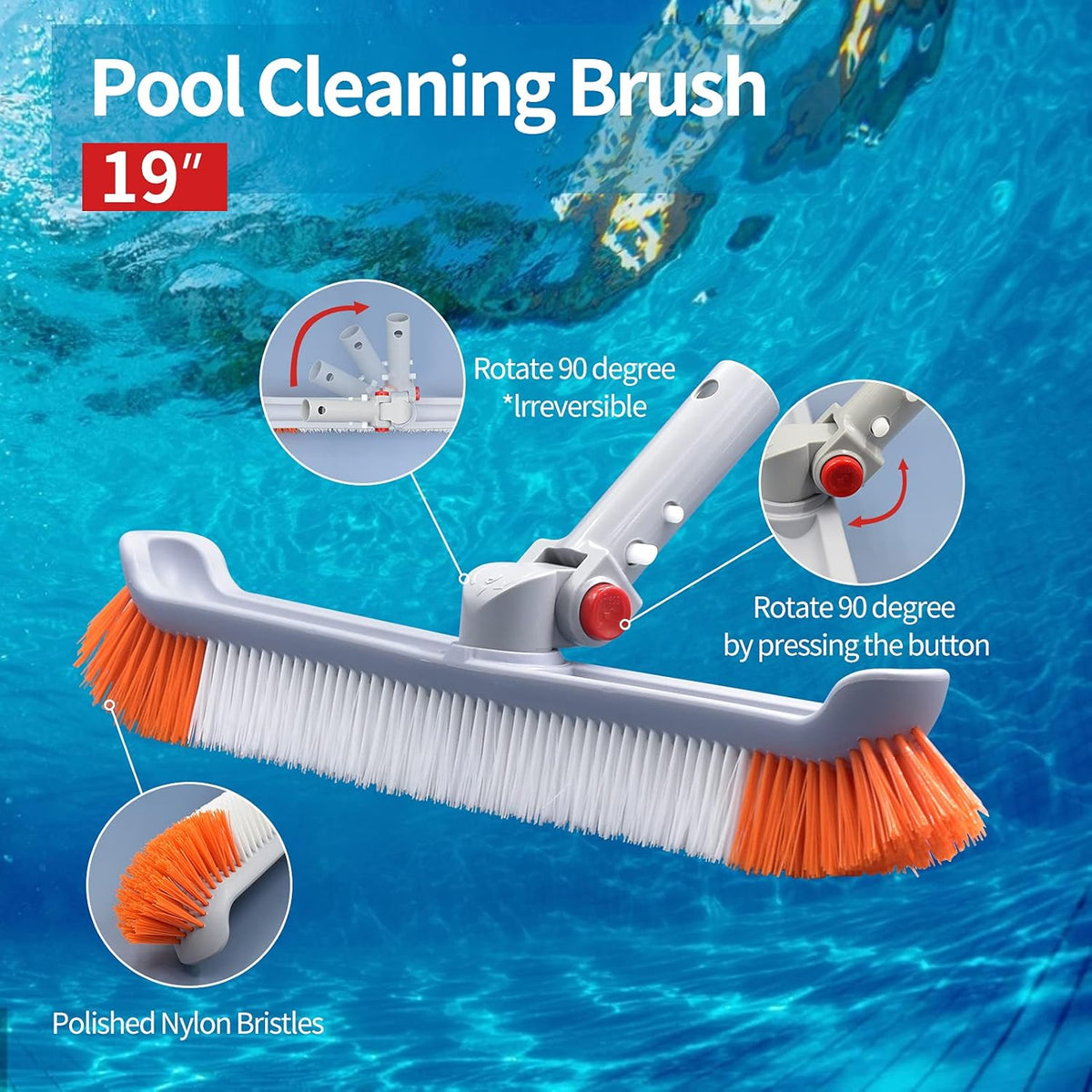 Pool Brush Head with Pole, 18 Polished Nylon Bristles, 12ft, Pack of 2 U7477