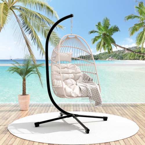 Foldable Hanging Egg Chair with Stand, HDPE Rattan and Aluminum-Steel Frame, 350 Lbs Capacity, Beige V5885