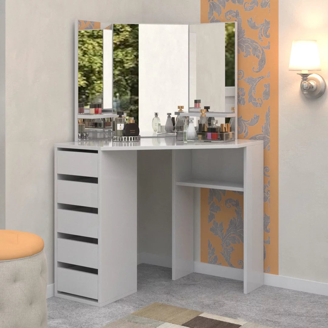 Corner Makeup Vanity Desk with 3 Mirrors and 5 Drawers W419