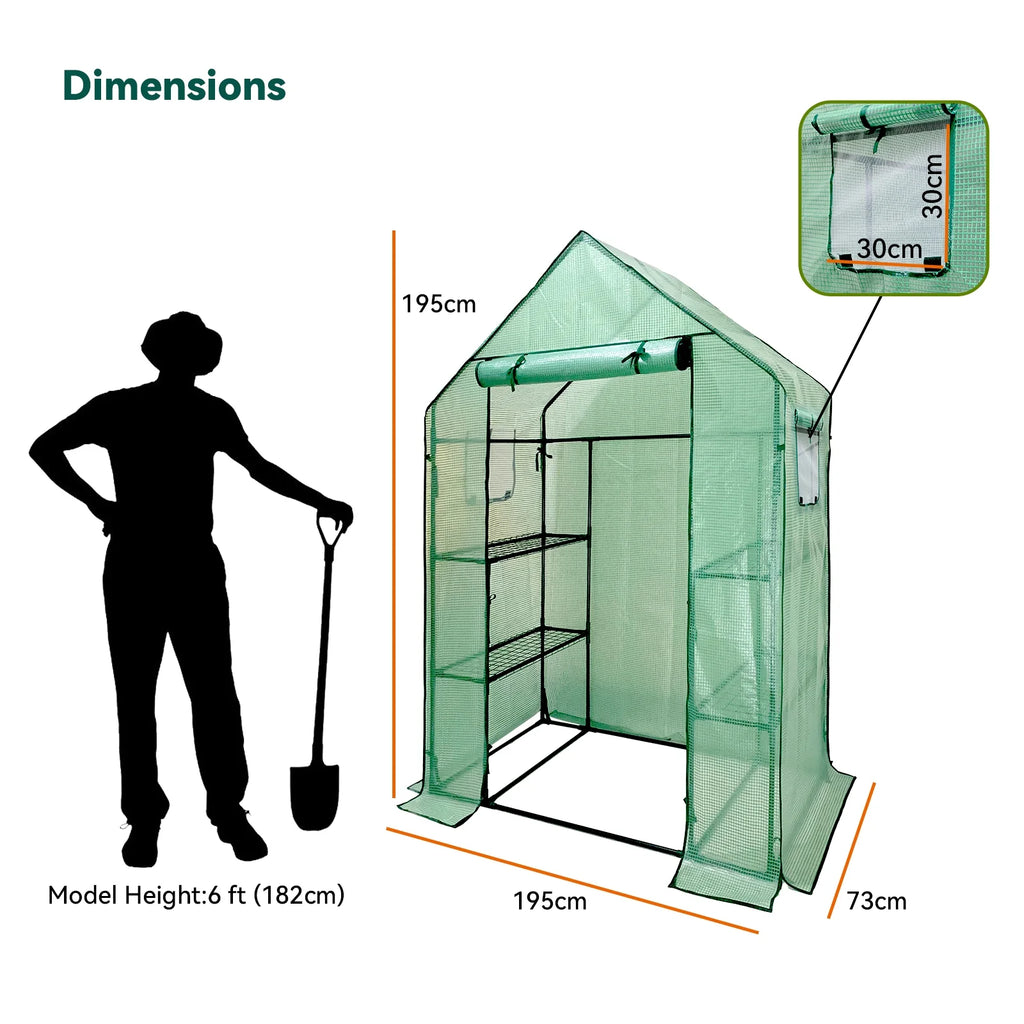 Walk-In Greenhouse Kit with Cover, 3 Tiers 6 Shelves, Portable Greenhouse with Observation Windows, PE Door, Ground Pegs & Ropes W9538