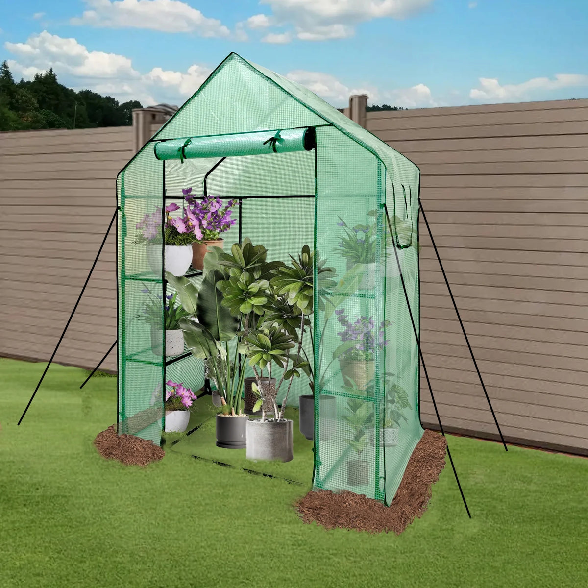 Walk-In Greenhouse Kit with Cover, 3 Tiers 6 Shelves, Portable Greenhouse with Observation Windows, PE Door, Ground Pegs & Ropes W9538