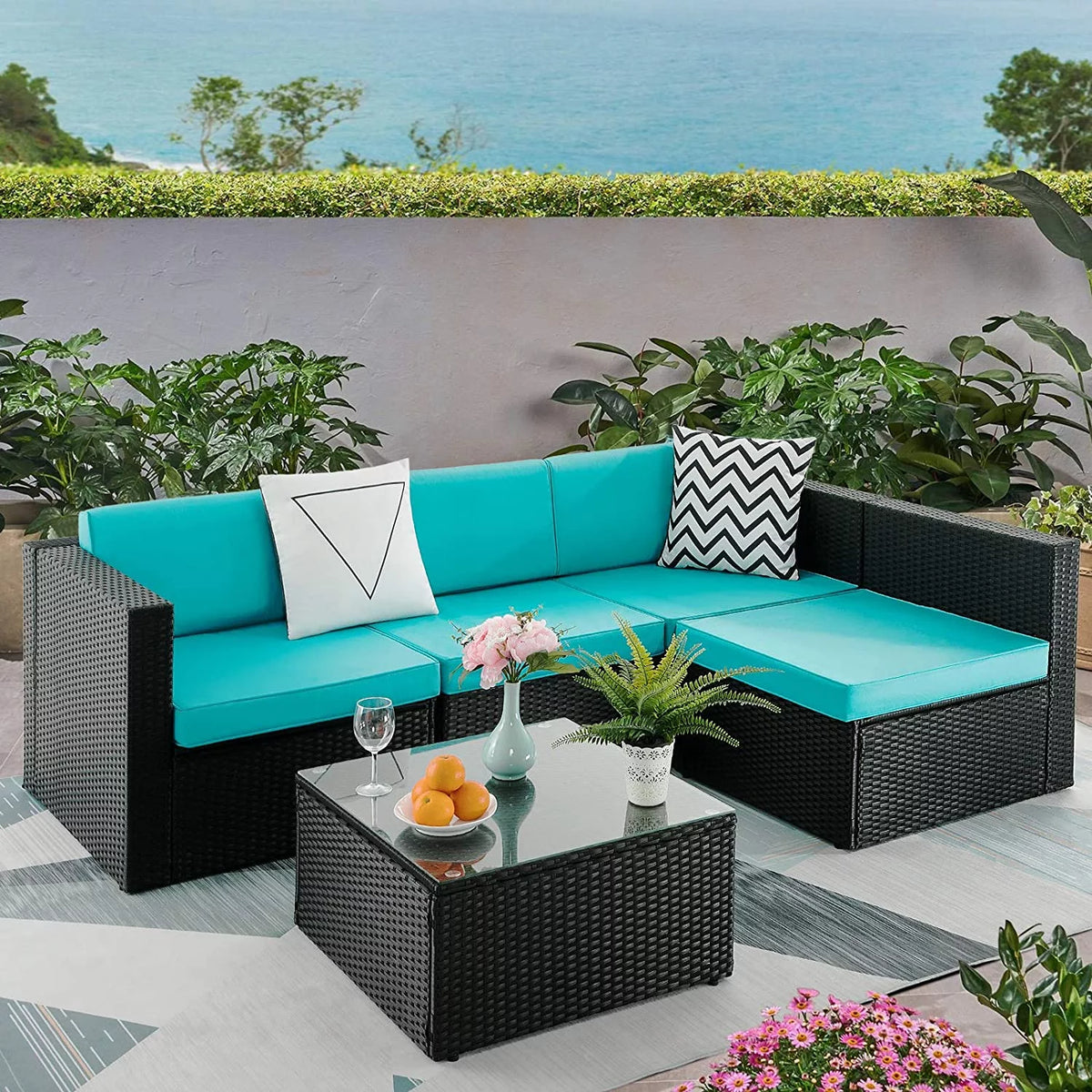 5 Pieces Rattan Wicker Sectional Sofa Set with Table U21466