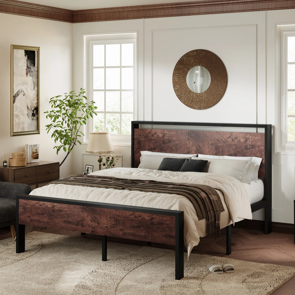 Queen Size Metal Platform Bed Frame with Wood Headboard N991367
