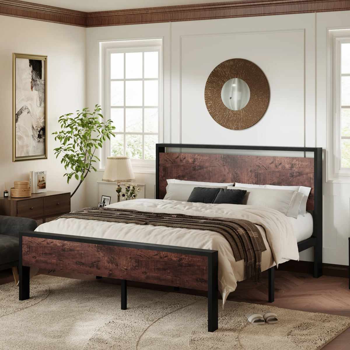 Queen Size Metal Platform Bed Frame with Wood Headboard N991367