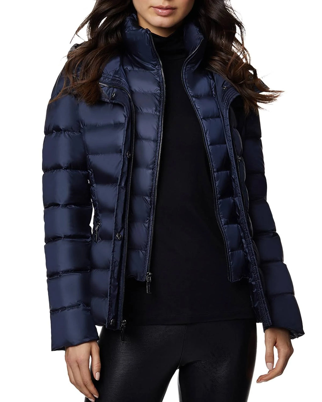 Blue Fitted Puffer Coat with Fox Fur Collar F860