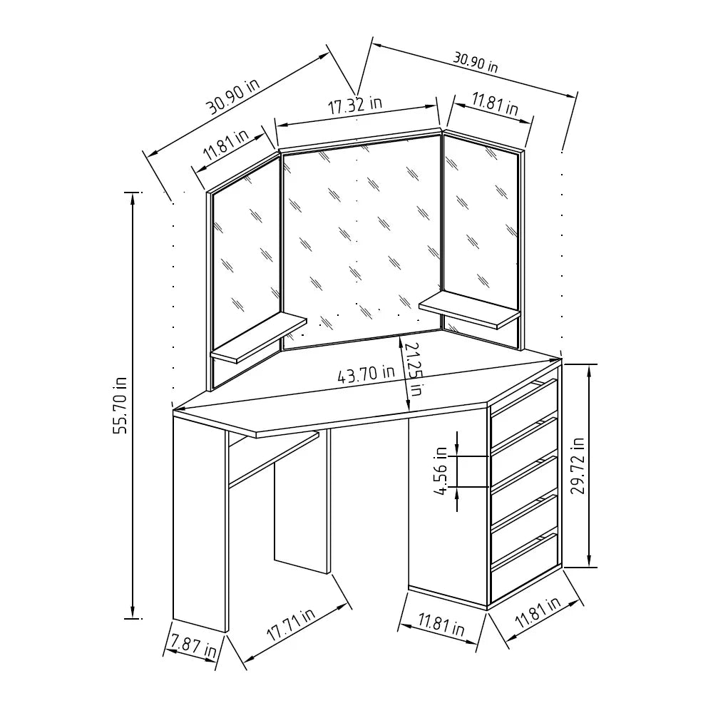 Corner Makeup Vanity Desk with 3 Mirrors and 5 Drawers W419