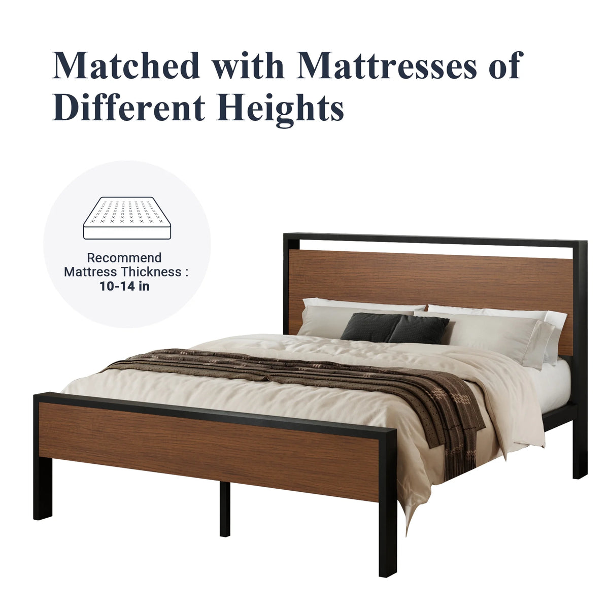 Queen Size Metal Platform Bed Frame with Wood Headboard N991367