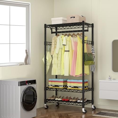 Black Heavy Duty Rolling Garment Rack with Double Rods & Hooks N82819