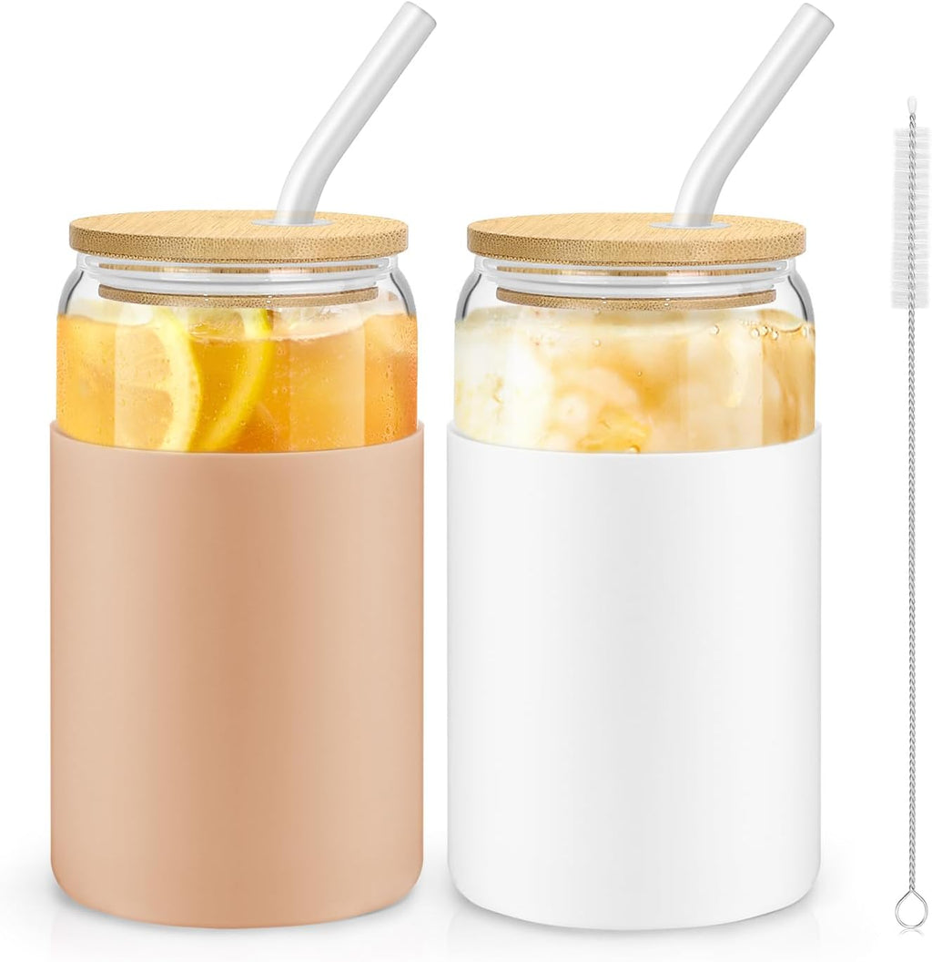 16OZ Glass Cups with Bamboo Lids and Straws 2 Pack C3709