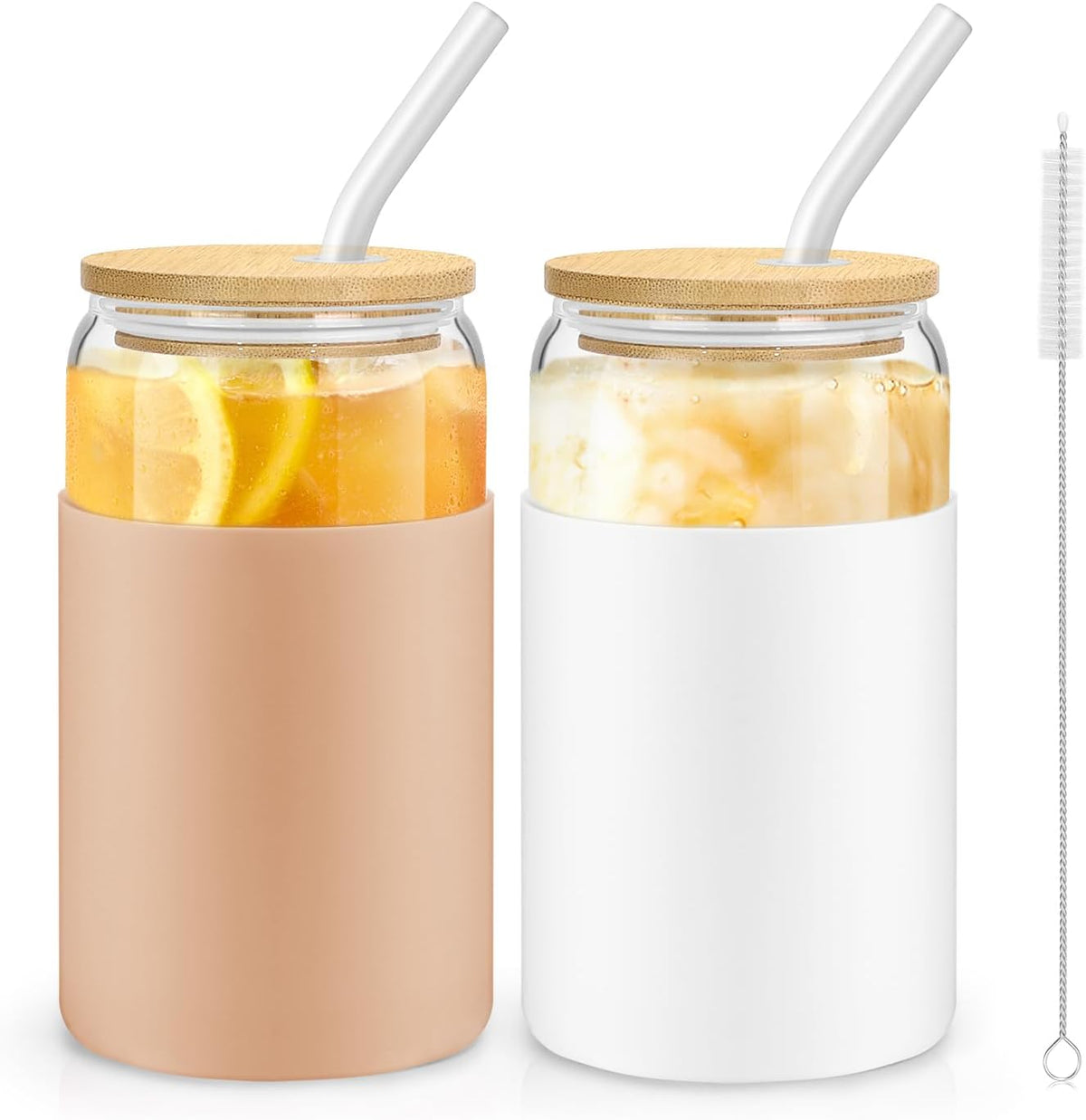 16OZ Glass Cups with Bamboo Lids and Straws 2 Pack C3709