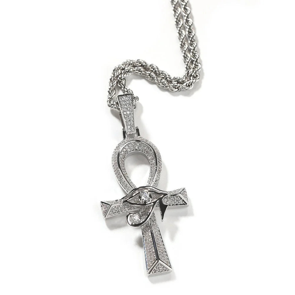 14K Gold Over Finish Simulated Diamond Eye Of Horus Ankh Cross Charm Pendant Necklace G334987