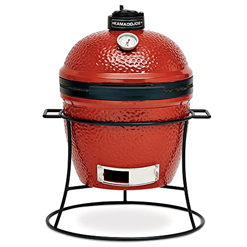 13.5-inch Portable Ceramic Charcoal Grill with Grill Stand, Stainless Steel Cooking Grate, Heat Deflectors and Ash Tool in Red U911