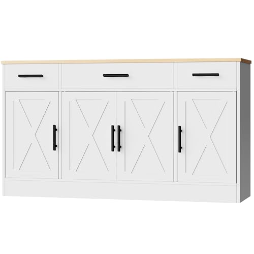 White 53.4" Wood Buffet Cabinet with 3 Drawers and 4 Doors Z246