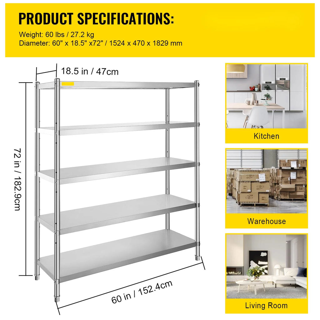 5-Tier Stainless Steel Shelving Unit 60x18.5 inch G74619