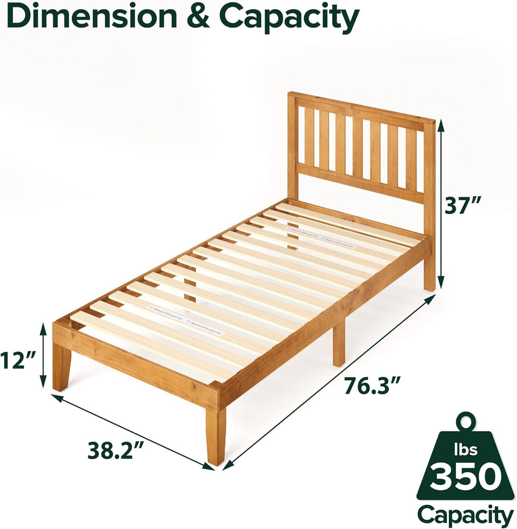 Rustic Pine Twin Wood Platform Bed Frame with Headboard D1994
