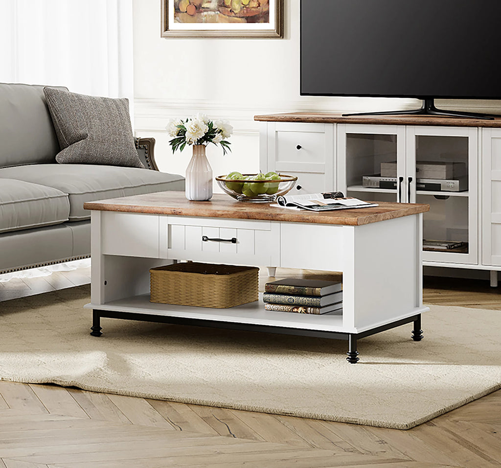 White Coffee Table with 1 Drawer and Storage Shelf J497859