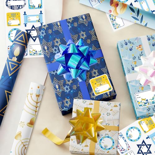 30 Pcs Hanukkah Wrapping Paper Gift Tags Bows Ribbon R51517