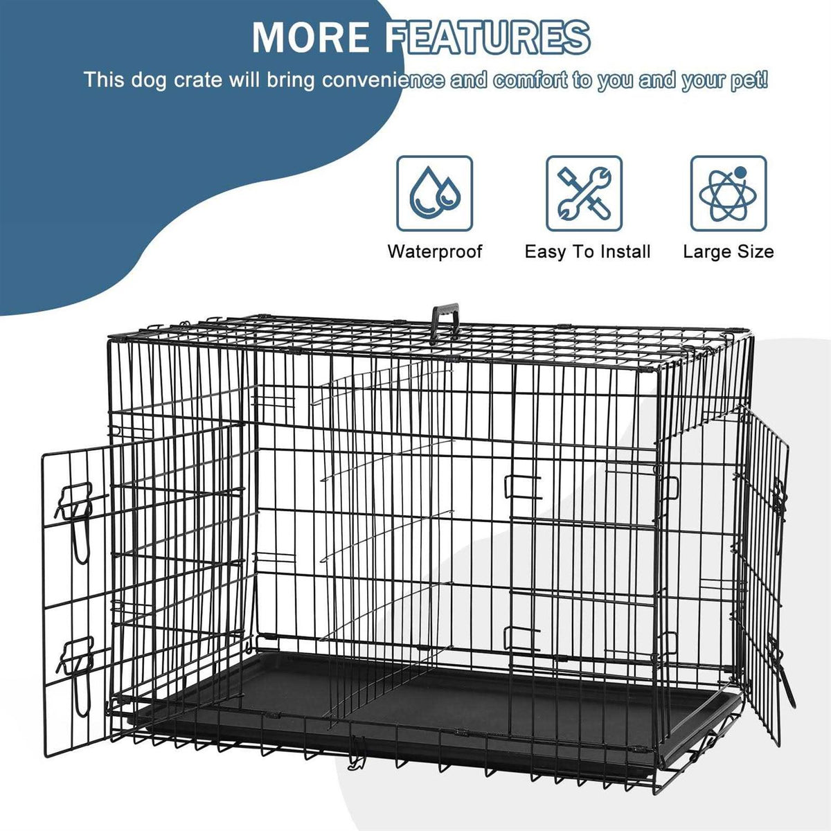 Foldable Large Metal Wire Dog Crate with Plastic Tray I67674