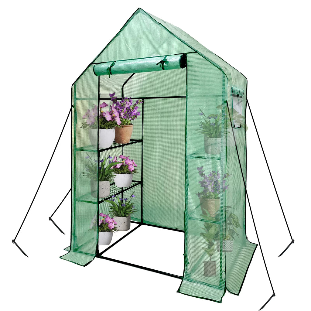 Walk-In Greenhouse Kit with Cover, 3 Tiers 6 Shelves, Portable Greenhouse with Observation Windows, PE Door, Ground Pegs & Ropes W9538