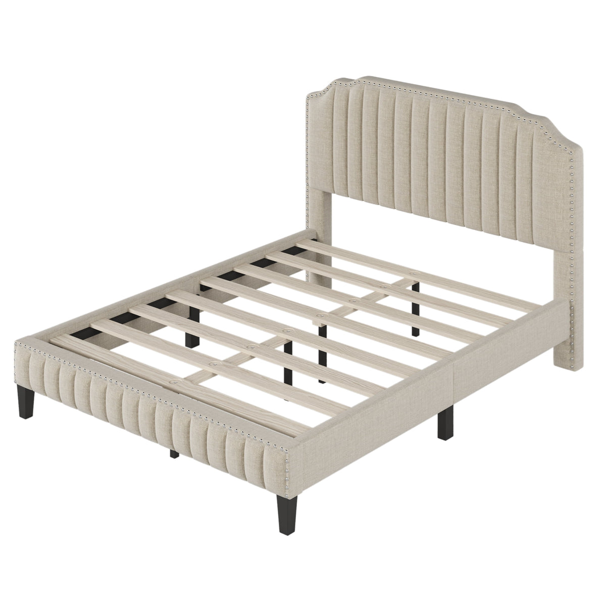 Beige Linen Upholstered Platform Bed Queen U407015