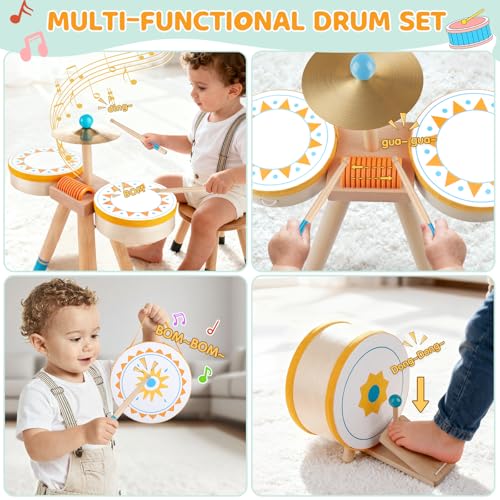 Wooden Kids Drum Kit with Cymbal, Pedal Bass Drum & 2 Drumsticks E691