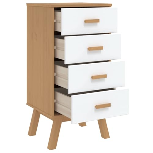 White and Brown Solid Wood Bedside Cabinet with Drawers R7147