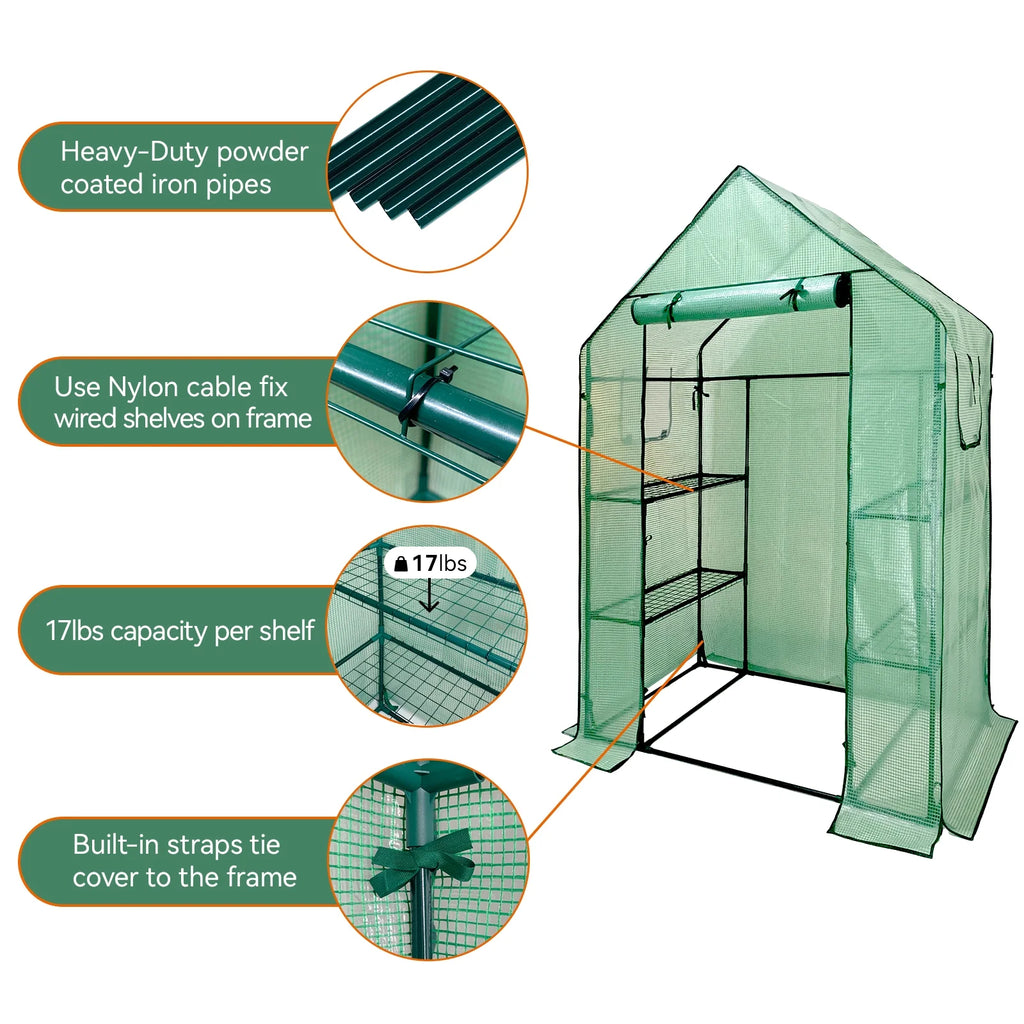 Walk-In Greenhouse Kit with Cover, 3 Tiers 6 Shelves, Portable Greenhouse with Observation Windows, PE Door, Ground Pegs & Ropes W9538