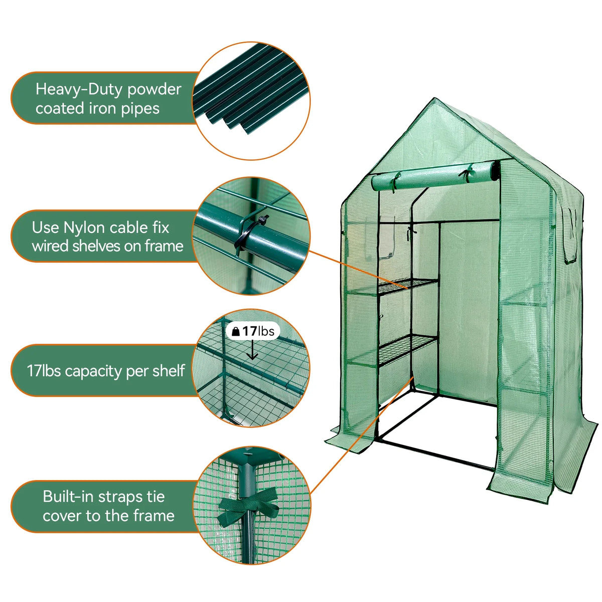 Walk-In Greenhouse Kit with Cover, 3 Tiers 6 Shelves, Portable Greenhouse with Observation Windows, PE Door, Ground Pegs & Ropes W9538