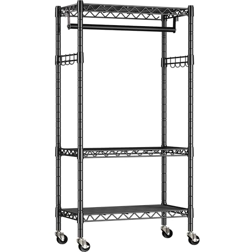 Black Heavy Duty Rolling Garment Rack with Double Rods & Hooks N82819