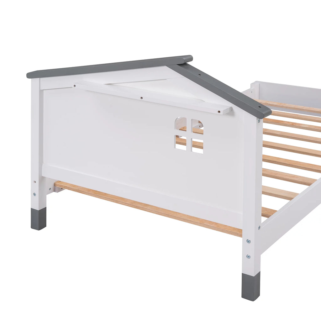 Twin Size Wood Platform Bed with House-Shaped Headboard E181